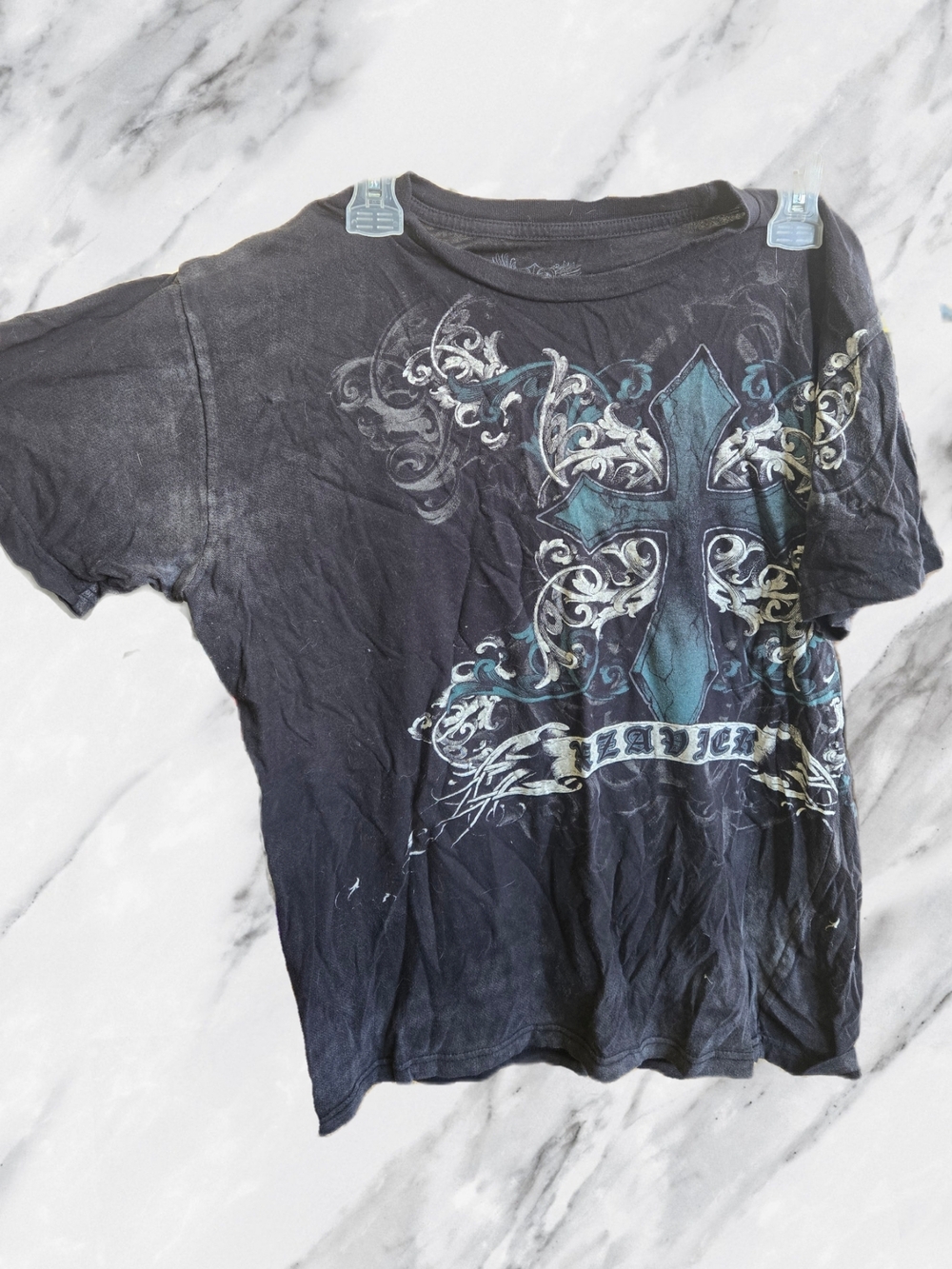 Men's Xzaviet Black Short-Sleeve Graphic Cross Tee with Teal Accents